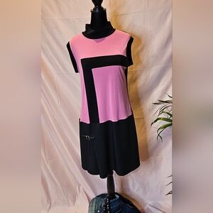 Xanaka Dress Vintage 60th Inspired Geometric Colorblock Mod, Pink &Black Large
